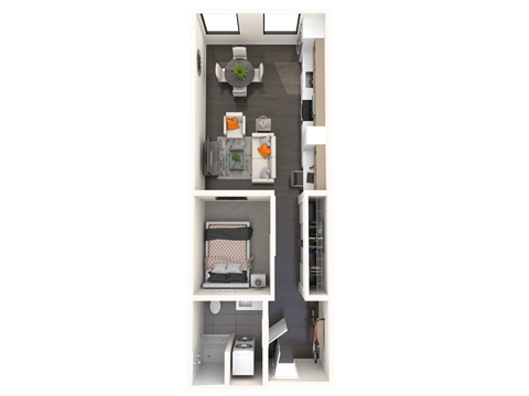 Floor plan for 1 bed, 1 bath, 607 sqft